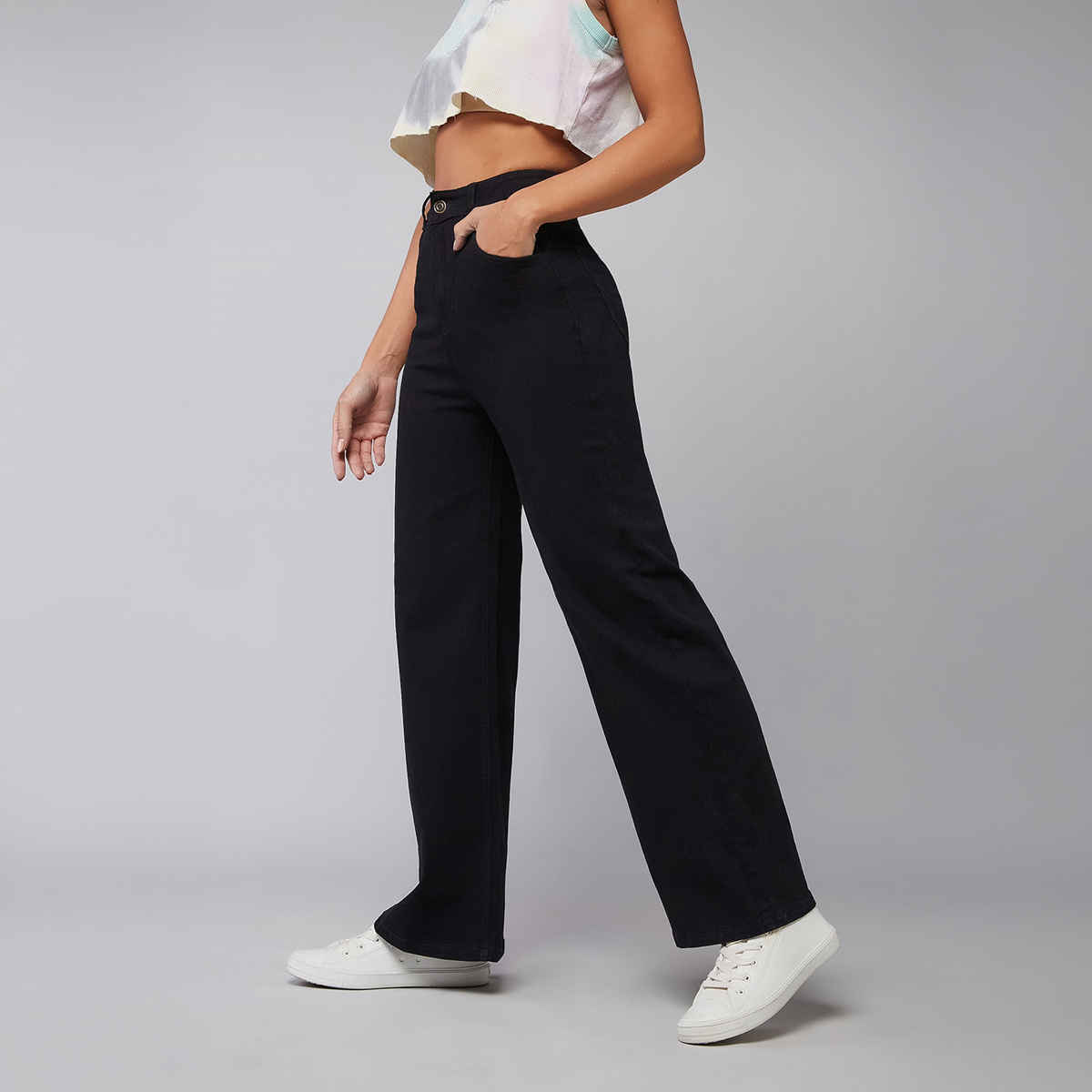Miss Chase Women Wide Leg High Rise Clean Look Regular-Length Stretchable Denim Jeans | Black | 28