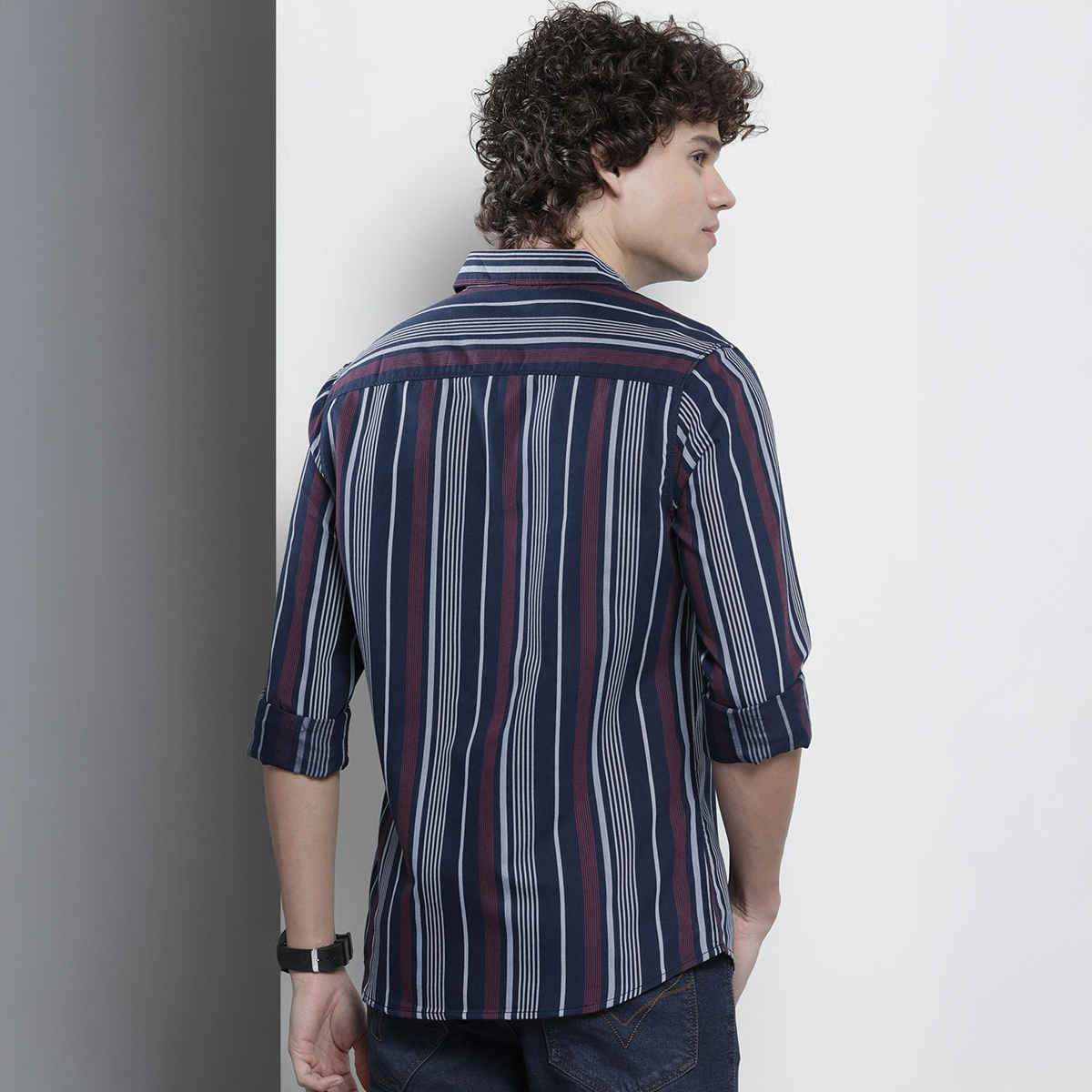 The Indian Garage Co Men's Regular Fit Striped Casual | Navy Blue | 2XL