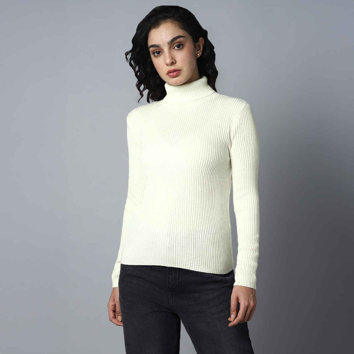 High Star Women's Ribbed Turtle Neck Long Sleeves Acrylic Pullover Sweater | White - L