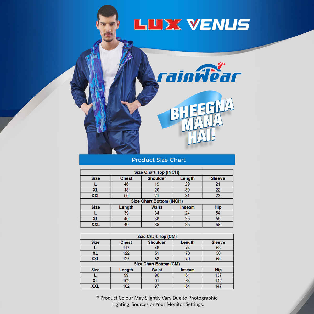 Lux Venus Lightweight Hooded Reversible Raincoat for Men With Waterproof Pant - Navy | 3XL