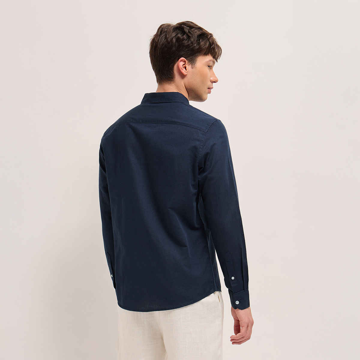 The Bear House Men's Cotton Linen Solid Slim Fit Casual Shirt | Navy Blue - S