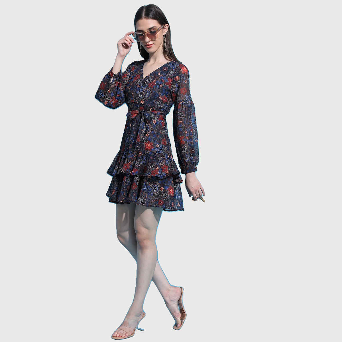 Ketch Women's Floral Printed Puff Sleeve Tie-Up Fit & Flare Dress | Multicolor - S