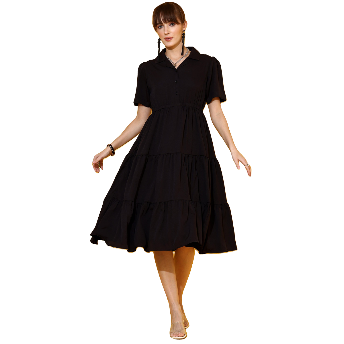 Sheetal Women's Shirt Collar Fit And Flare Midi Dress | 11621 | Black | L