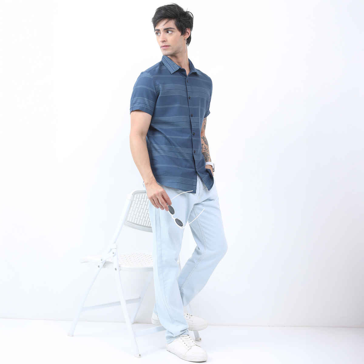 Highlander Slim Fit Horizontal Stripes Striped Casual Shirt | Teal | M