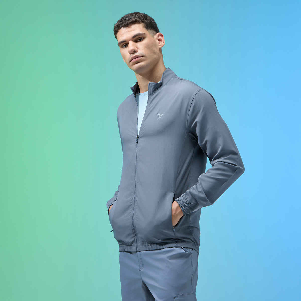 Technosport Men's Slim Fit Mock Neck Sports Jacket | TECHNOLITE Fabric | Blue - XL