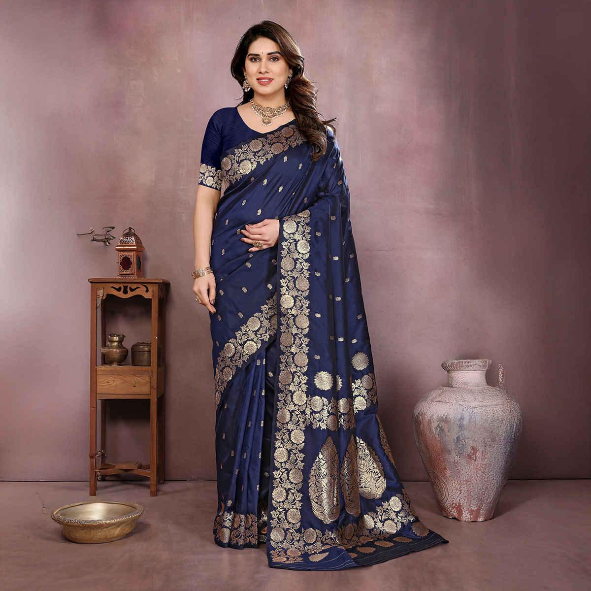 Hema Silk Mills Women Woven Two-Tone Banarasi Silk Blend Saree | Navy Blue