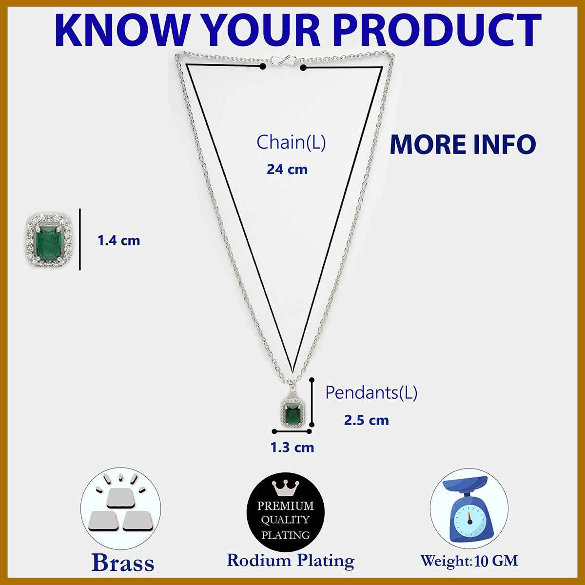 Zeneme Rhodium-Plated Green AD-CZ Luxe Sparkle Princess Cut Necklace Earrings For Women & Girls