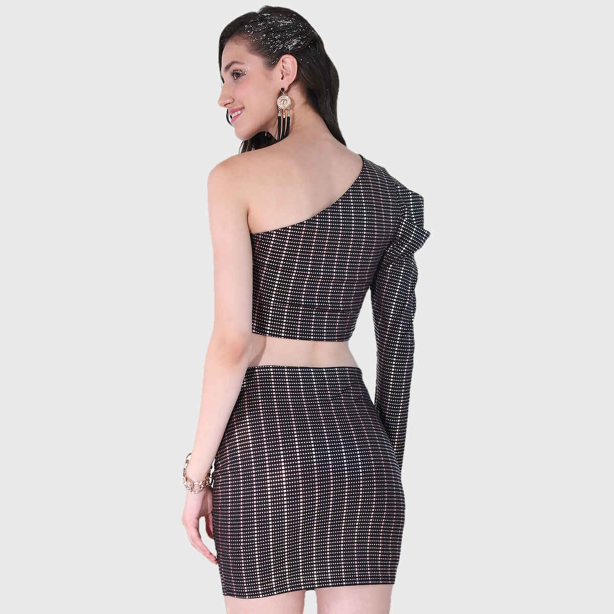 Ketch Women Geometric Printed One-Shoulder Crop Top With Mini Skirt Co-ords | Multicolor | M