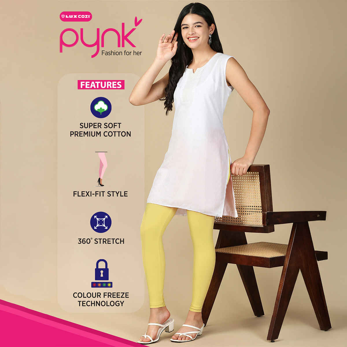 PYNK By Lux Cozi Women Flexi-Fit 360 Stretch Ankle Length Prime Cotton Leggings|LT Lemon|Free Size