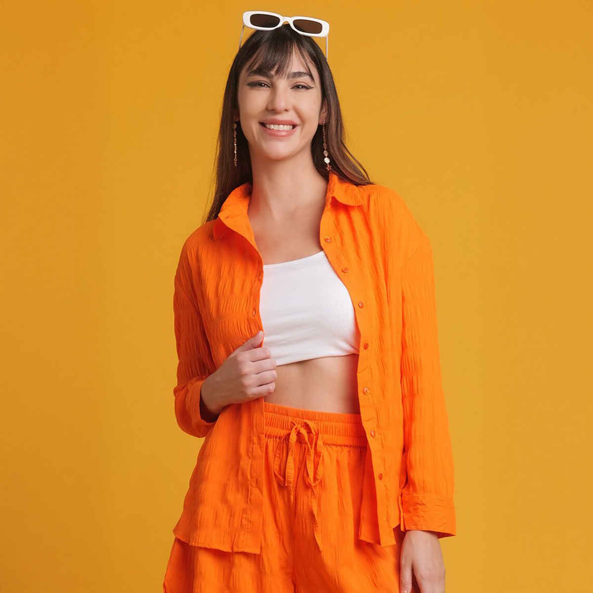 Freehand Women's Solid Casual Oversized Shirt | Orange - S