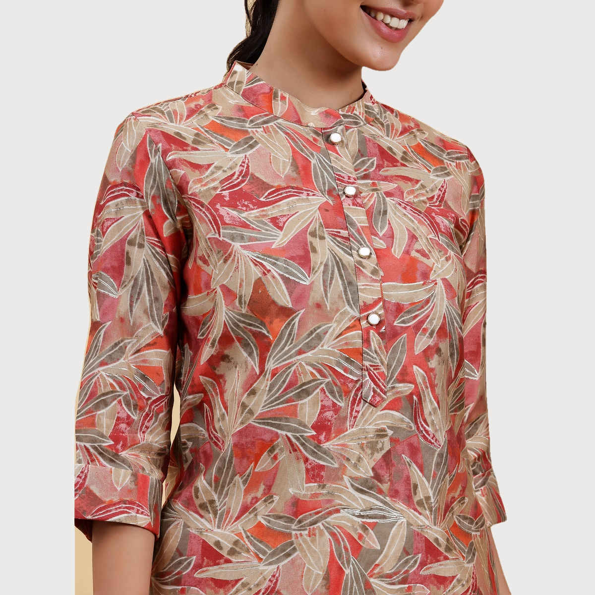 Libas Floral Printed Straight Women's Kurti With Short Button Placket | Beige | M