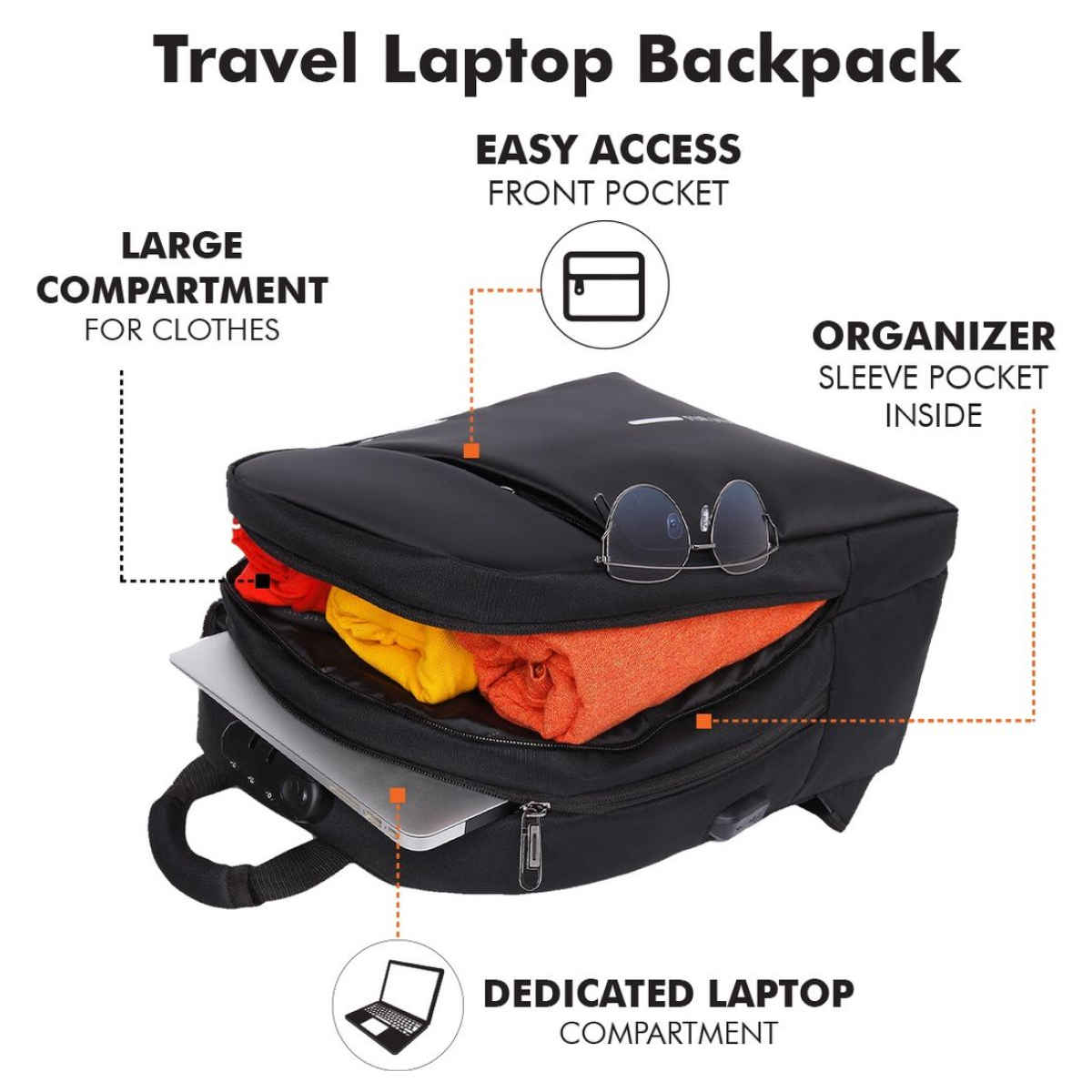 Fur Jaden 24 L Black Anti-Theft Backpack with USB Port & Number Lock. Padded Laptop Compartment