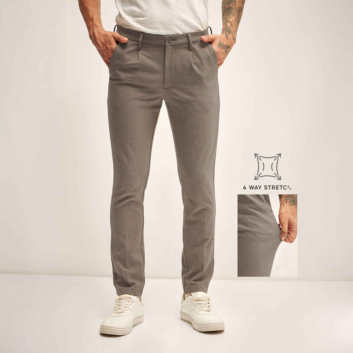 The Bear House Men 4 Way Stretch Solid Formal Trouser - Ferna | Beige | 36