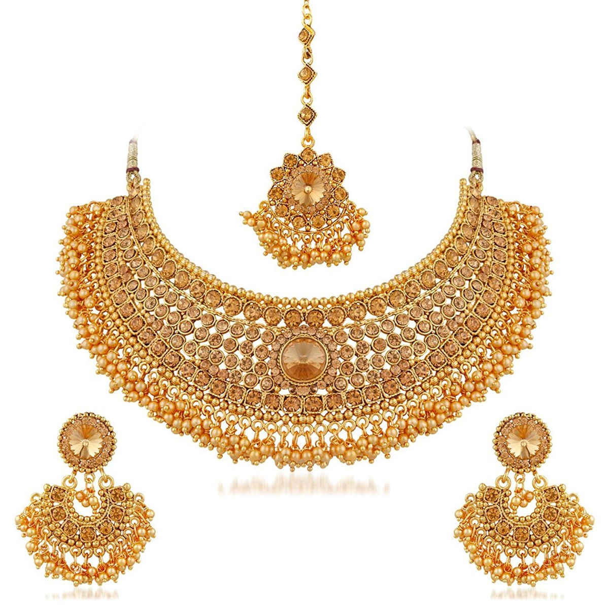 Sukkhi Traditional Pearl Gold Plated Lct Stone Choker Necklace Set For Women
