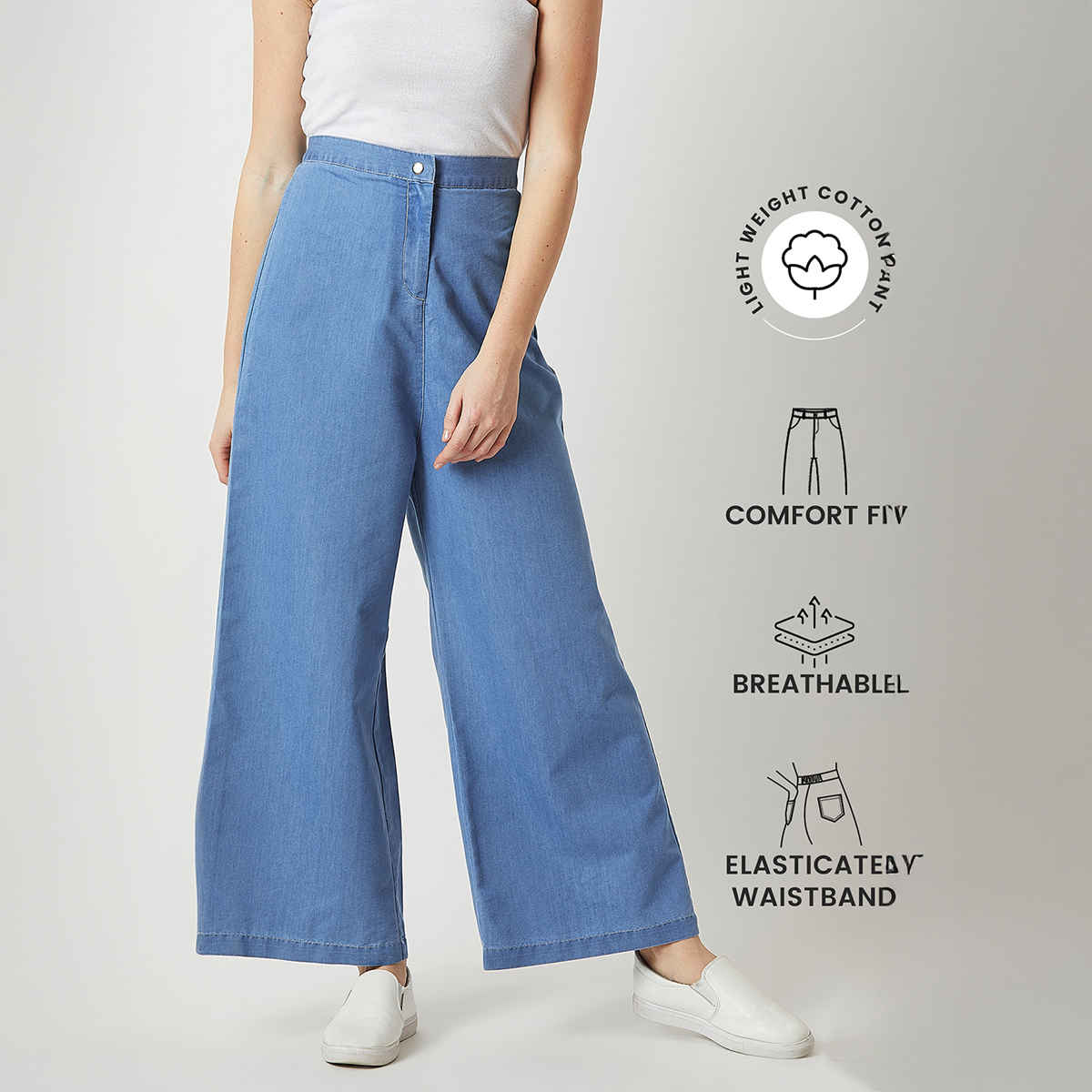 Miss Chase Women's Flared Wide-Leg High Rise Non-Stretchable Lightweight Denim Pants | Blue - 28