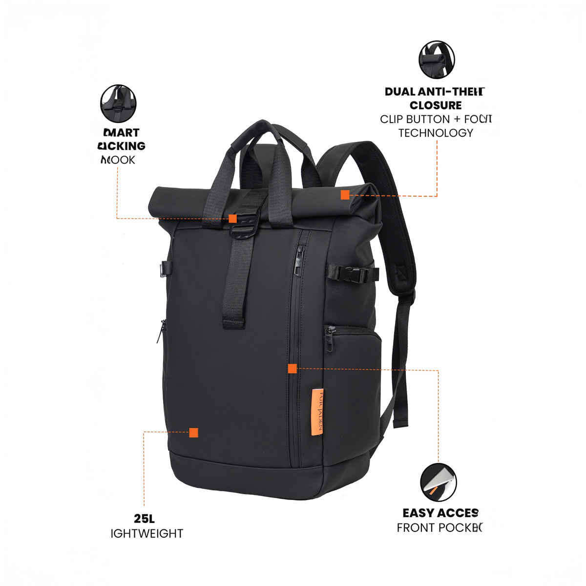 Fur Jaden 24 L Black Vegan Leather Rolltop Laptop Backpack with Anti-Theft Compartment