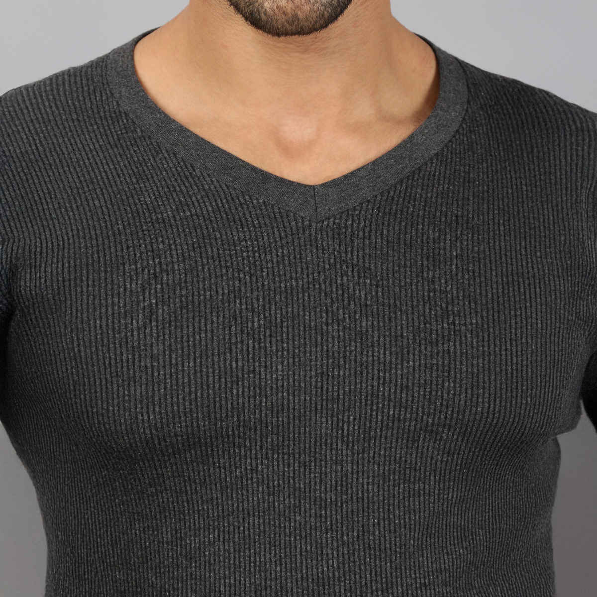 Lux Cozi Men's Heatek Thermal Comfort, Stretchable & Super Warm V-Neck Top | Black Melange-90