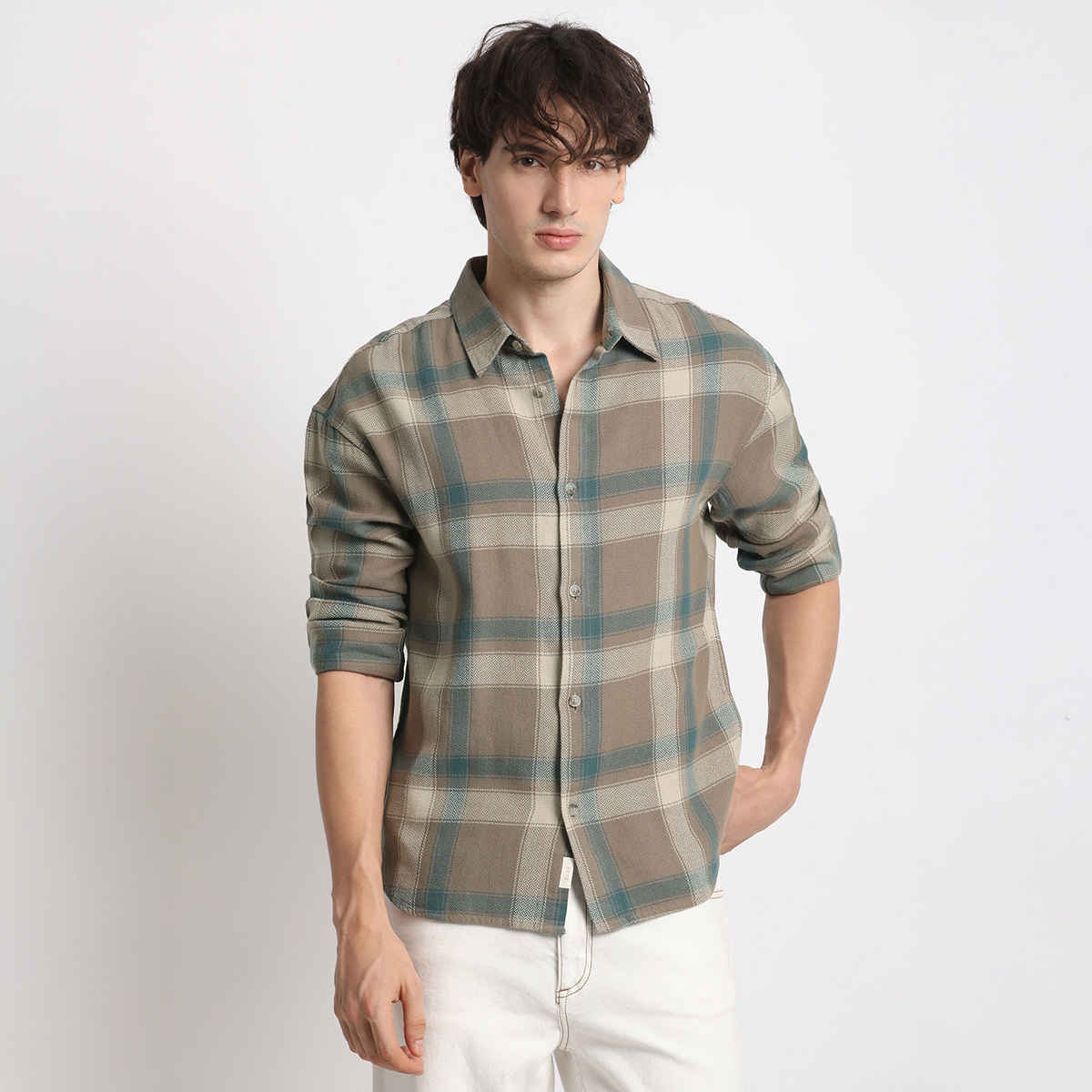 THE BEAR HOUSE Men's Checked Relaxed Fit Casual Shirt | TBH-BITON-BR | Brown - XXL