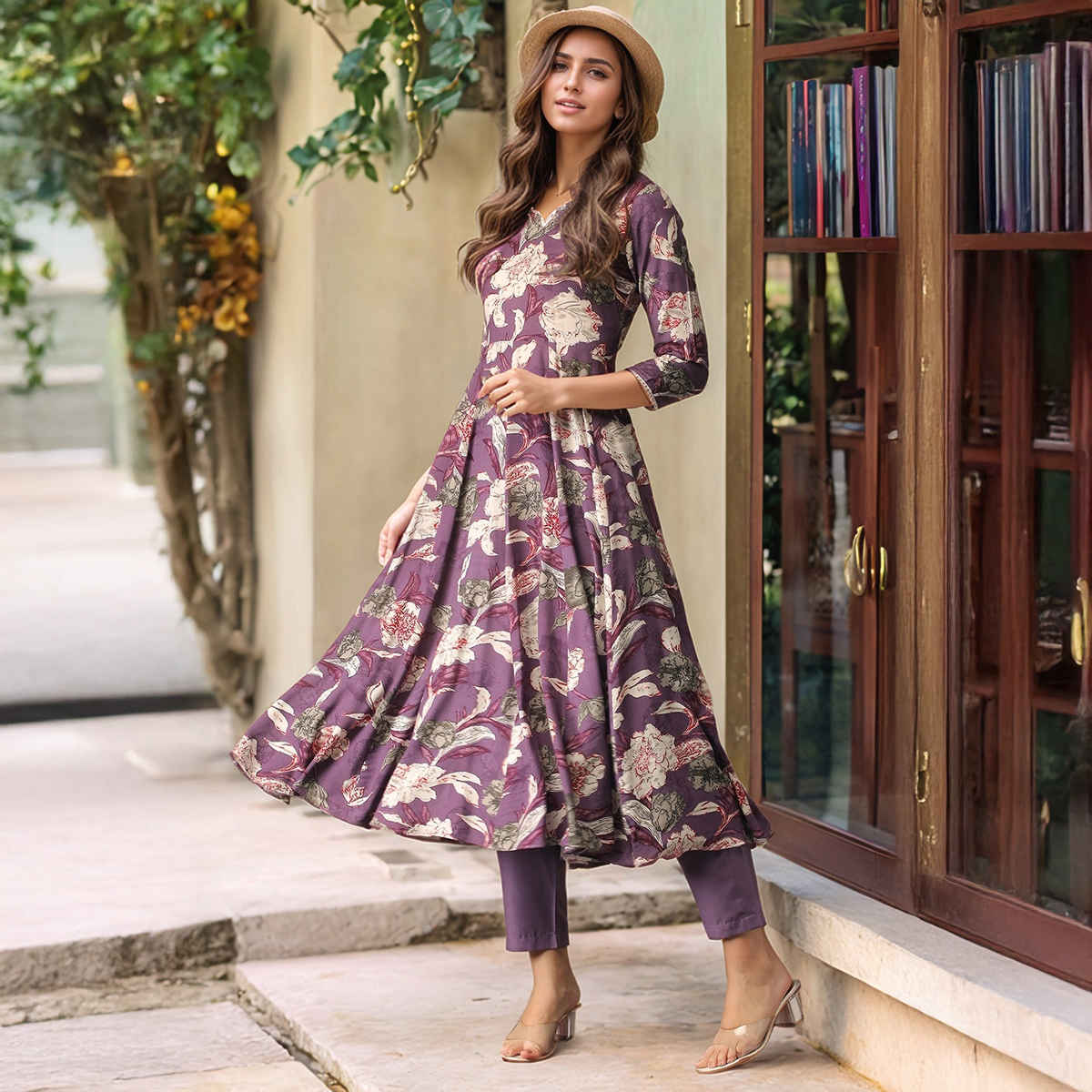 GoSriKi Women's Viscose Rayon Anarkali Printed Kurta with Pant | DAMIAN | Purple - L