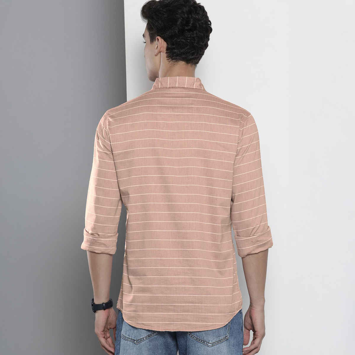 The Indian Garage Co Men's Slim Fit Striped Casual Shirt | Rust - S