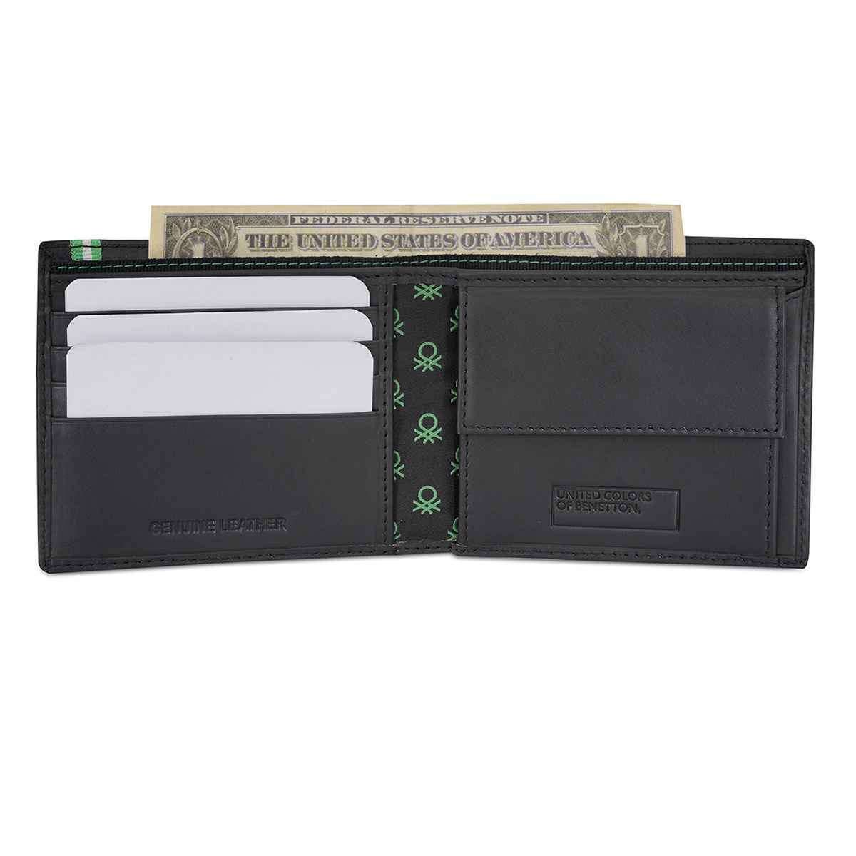 United Colors Of Benetton Men's Logo Genuine Leather Global Coin Wallet | Black - One Size