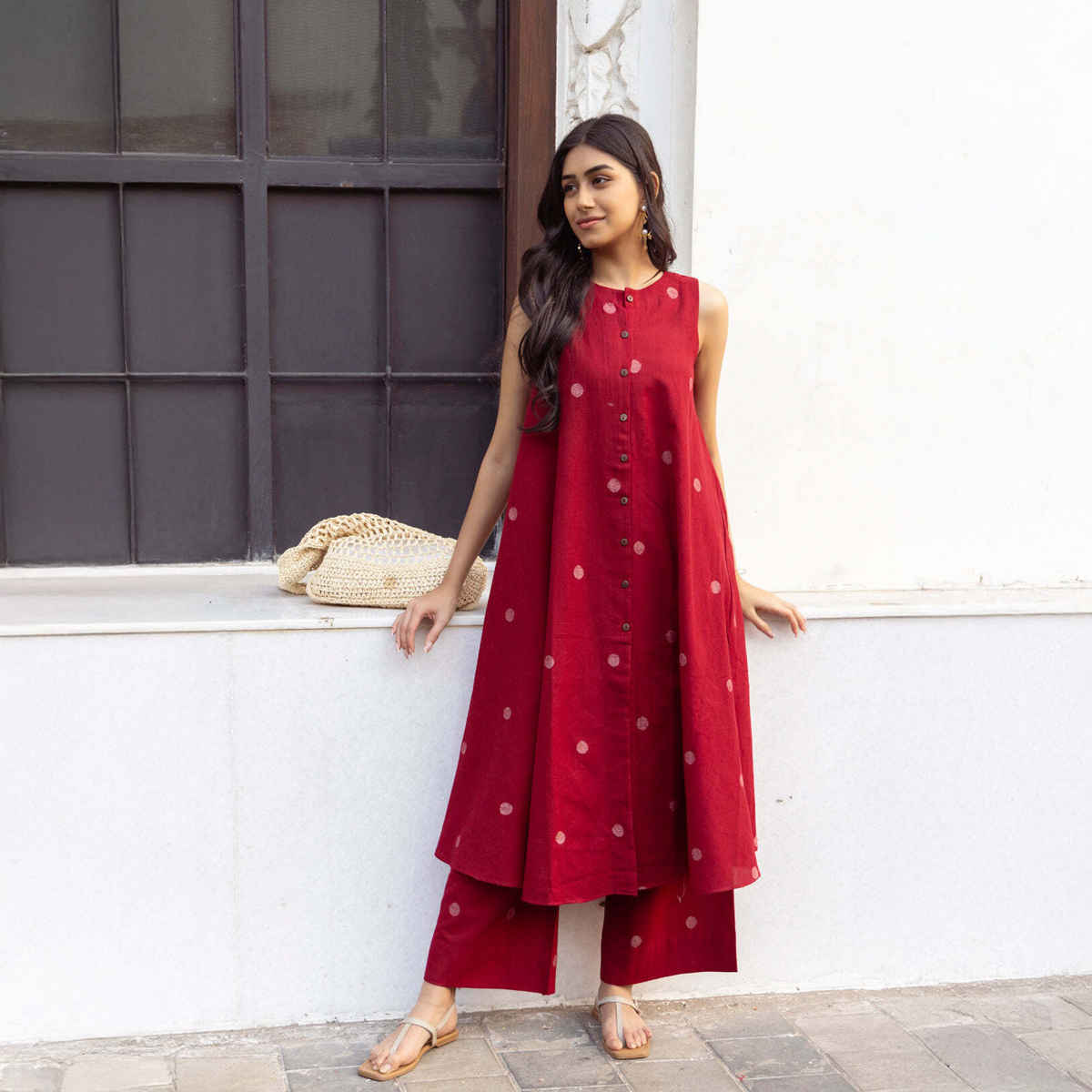 GoSriKi Women's Viscose Rayon Anarkali Polka Print Kurta with Palazzo | Red - XL