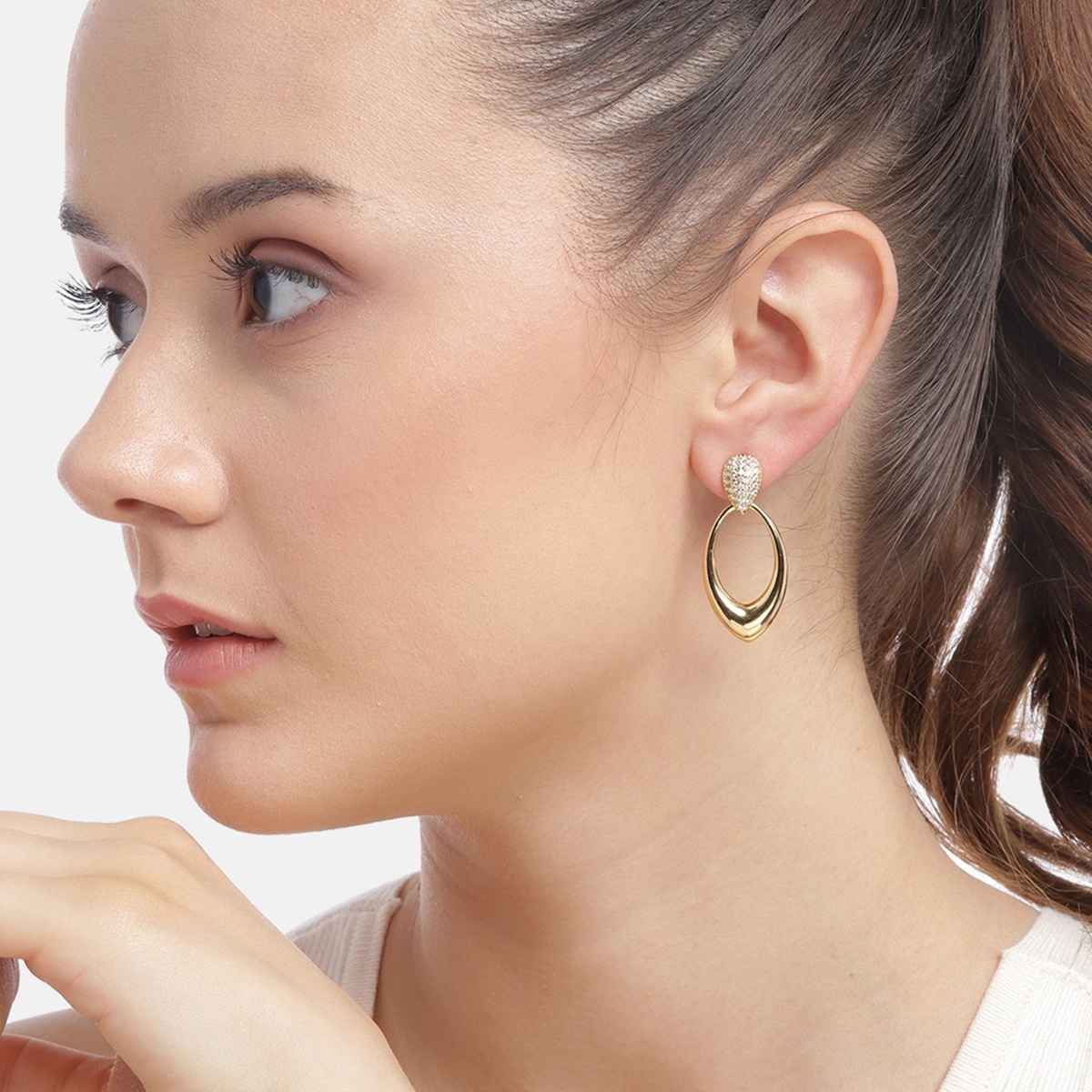 Carlton London Gold Plated with CZ Oval Droop Earring | FJE4879