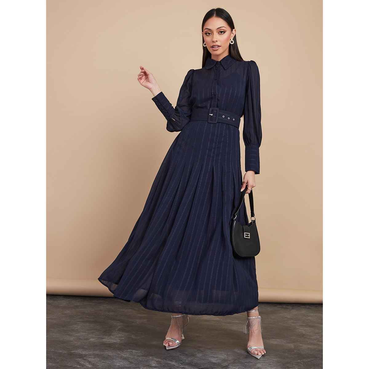 Styli Women Long Sleeves Collared Belted A-Line Maxi Dress | Navy Blue | S