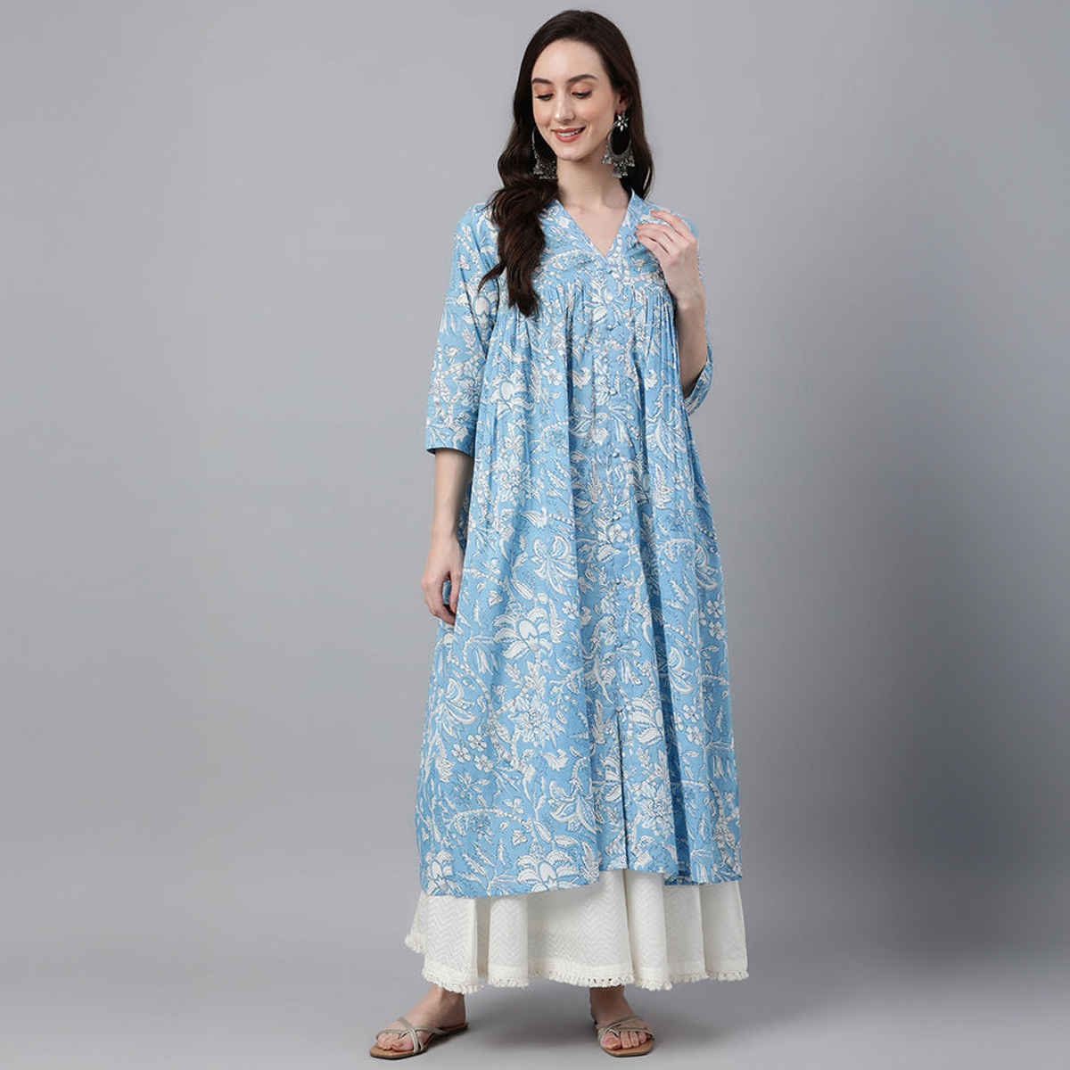 Janasya Women's Sky Blue Pure Cotton Floral Printed Flared Kurta | L