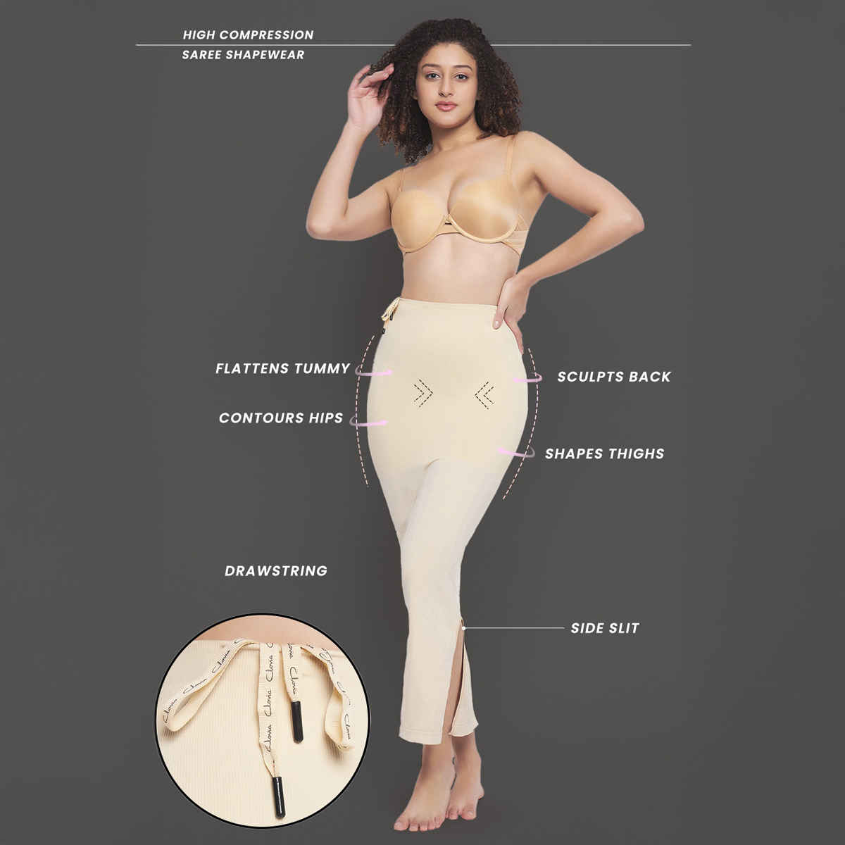 Clovia Saree Shapewear Petticoat With Drawstring (Beige - M)