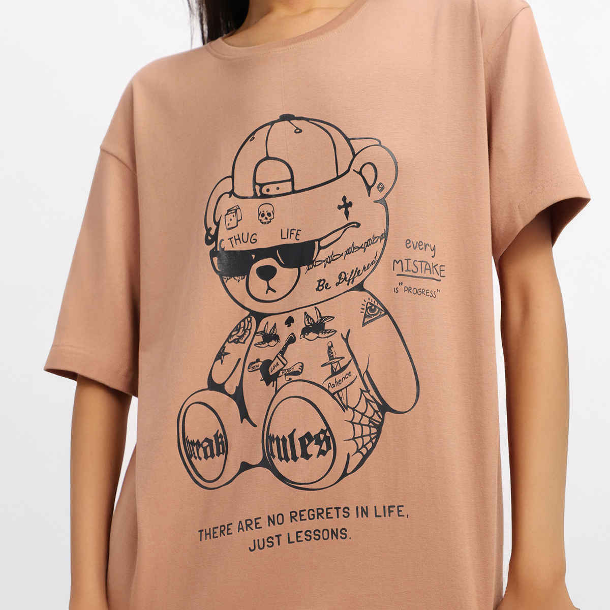 Juneberry Beige Print Graphic Oversized fit Tshirt for Women - XL
