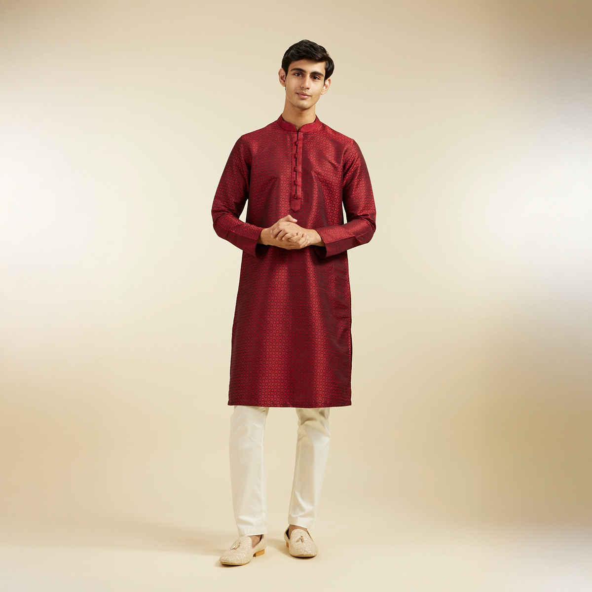Diwas By Manyavar Maroon Art Silk Self Design Kurta Set | L