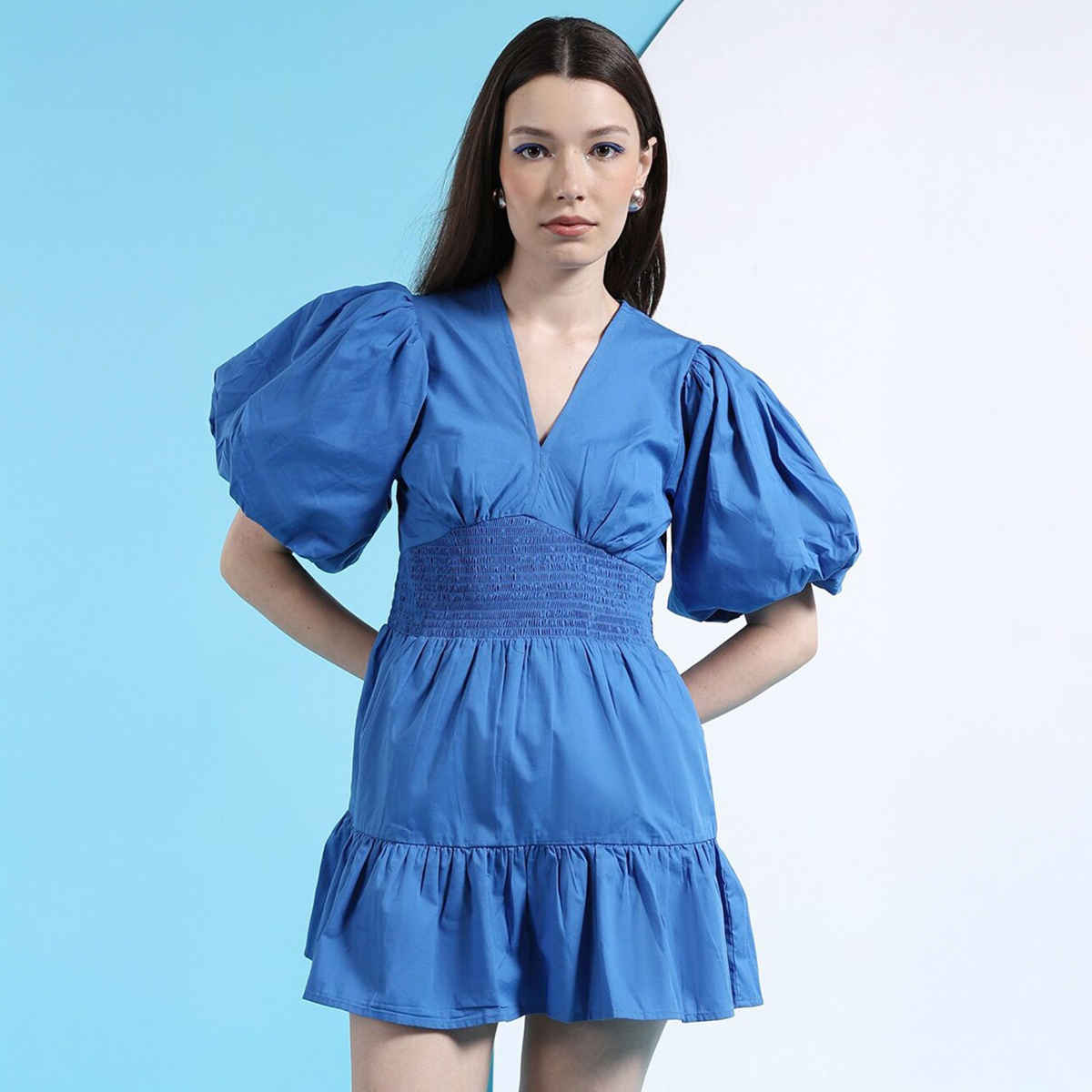 Freehand Women's Fit and Flared Solid Casual V-Neck Dress | Blue - S