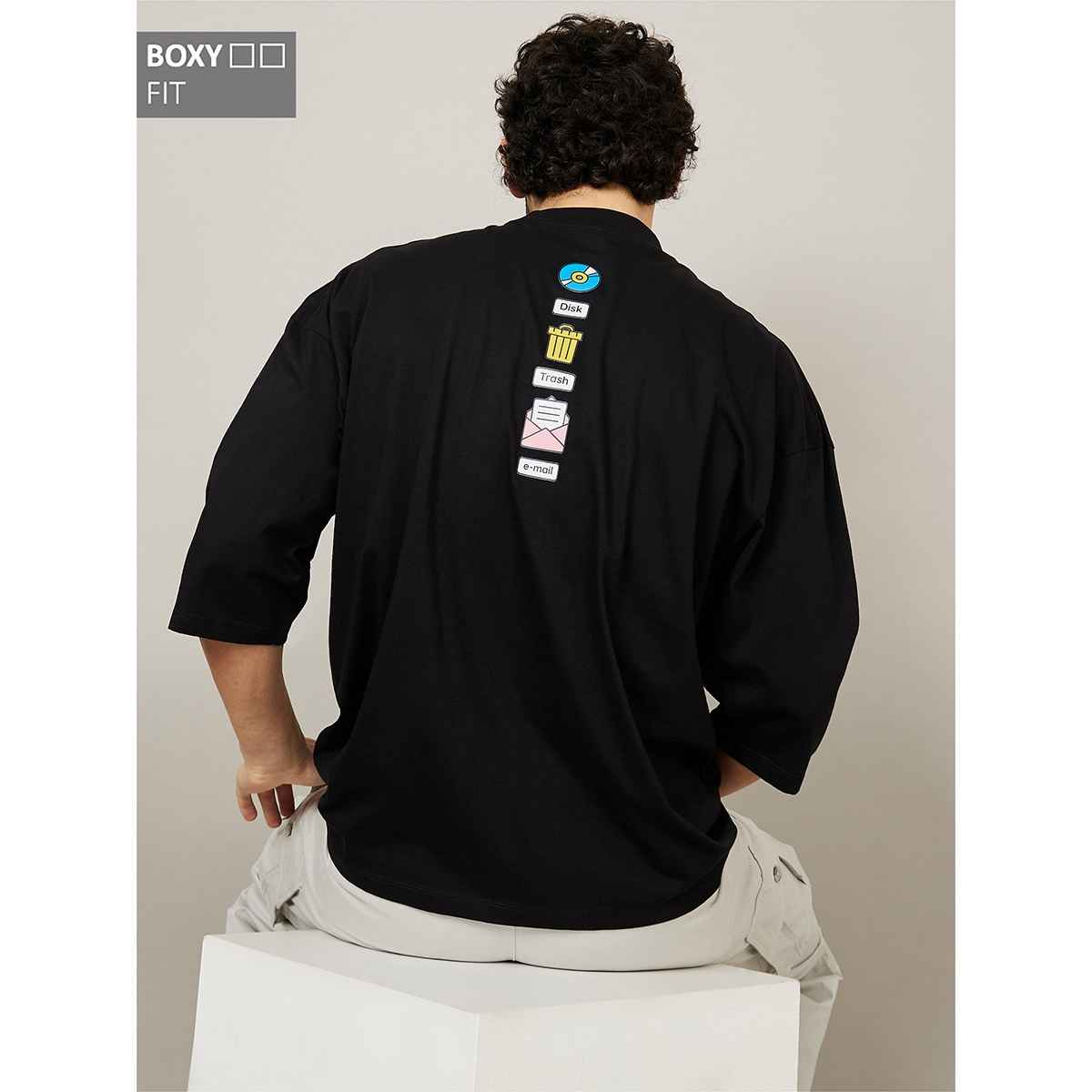 Styli Men's 3/4 Sleeve Drop Shoulder T-shirt with Cartoon Print | Black - L