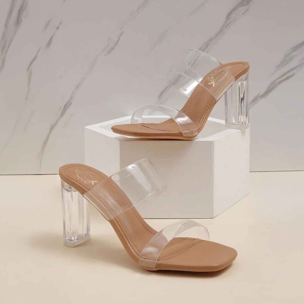 Shoetopia Stylish Trasparent Detailed Beige Block Heels For Women | UK 5