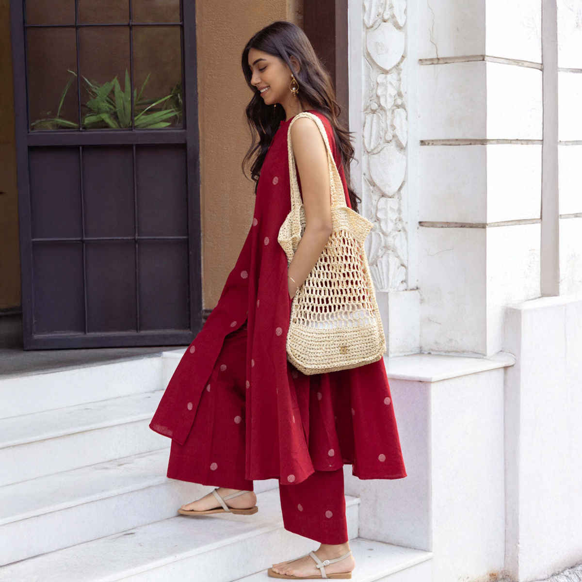 GoSriKi Women's Viscose Rayon Anarkali Polka Print Kurta with Palazzo | Red - S