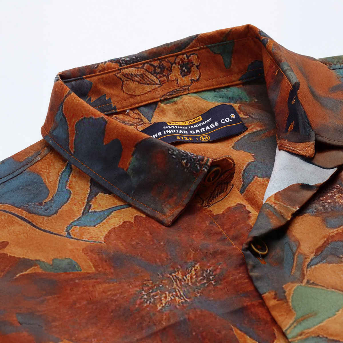 The Indian Garage Co Men's Slim Fit Floral Print Resort Half Sleeve Shirt | Orange - M