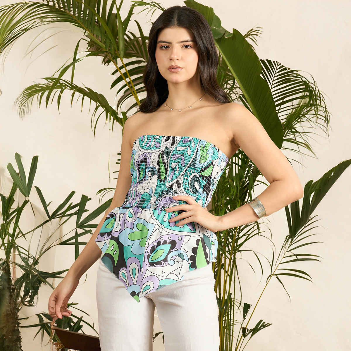 Uptownie Women's Smocked Bandeau Asymmetrical Top | Green - XL