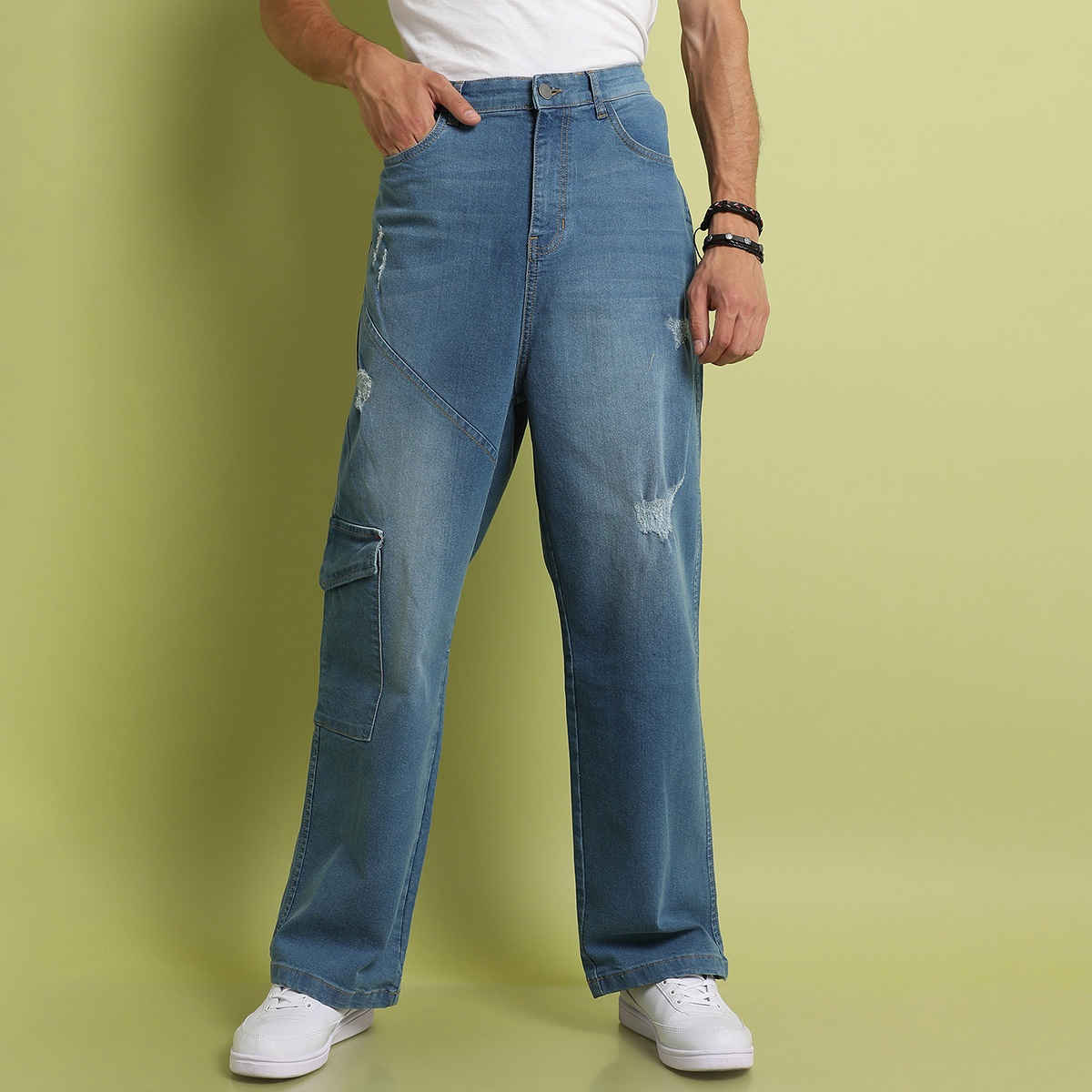 Campus Sutra Men's Asymmetrical Stitch Denim Jeans | Blue - 34