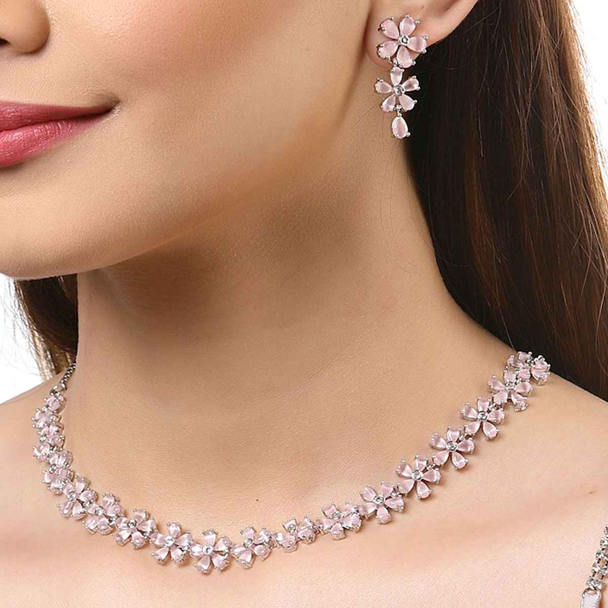 Zeneme Rhodium Plated AD Flower Shaped Jewellery Set For Women & Girls