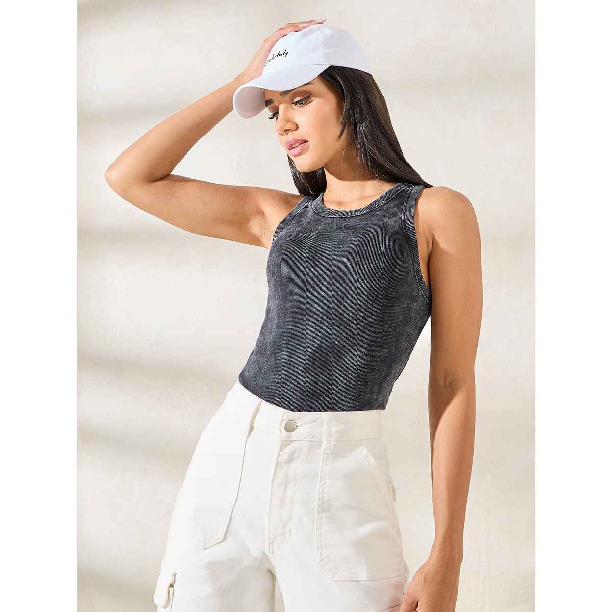 Styli Women's Racer Back Tank Top with Acid Wash and Round Neck | Black - M