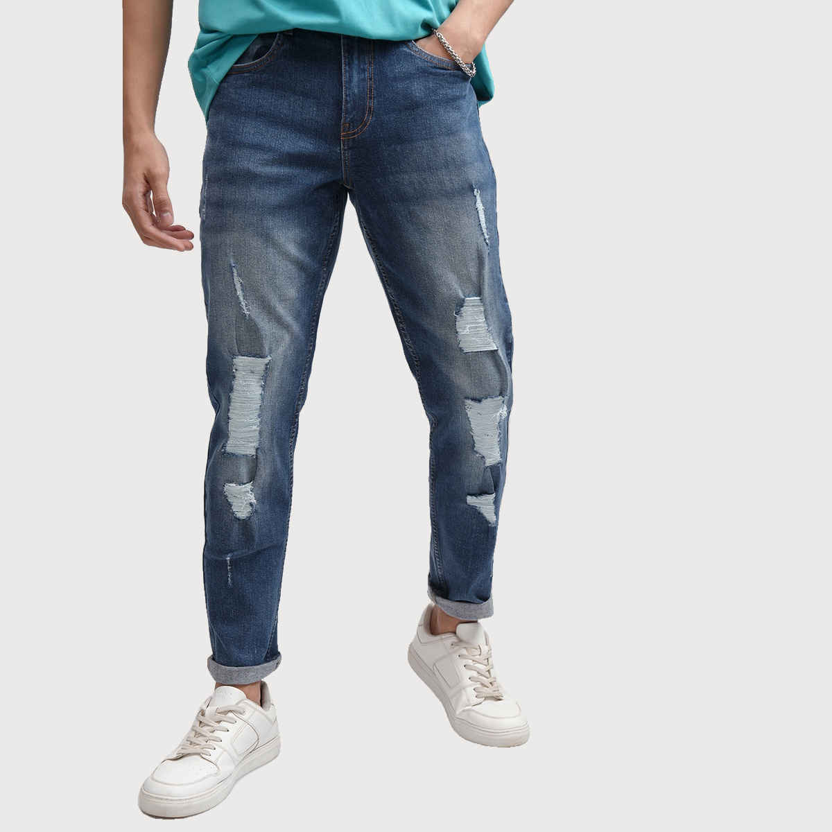 Ketch Men Tapered Fit Mildly Distressed Heavy Fade Stretchable Jeans | Blue | 32