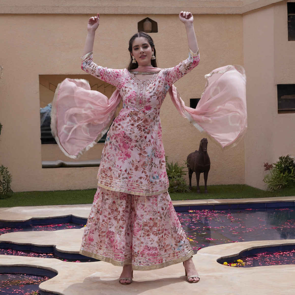 Bandia Women's Floral Printed Gota Patti Work Kurta Sharara Set with Dupatta | BANKS0128 | Pink | S