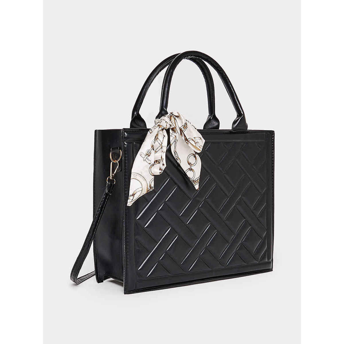Styli Women's Black Quilted Tote Bag With Tie Up Ribbon Detail