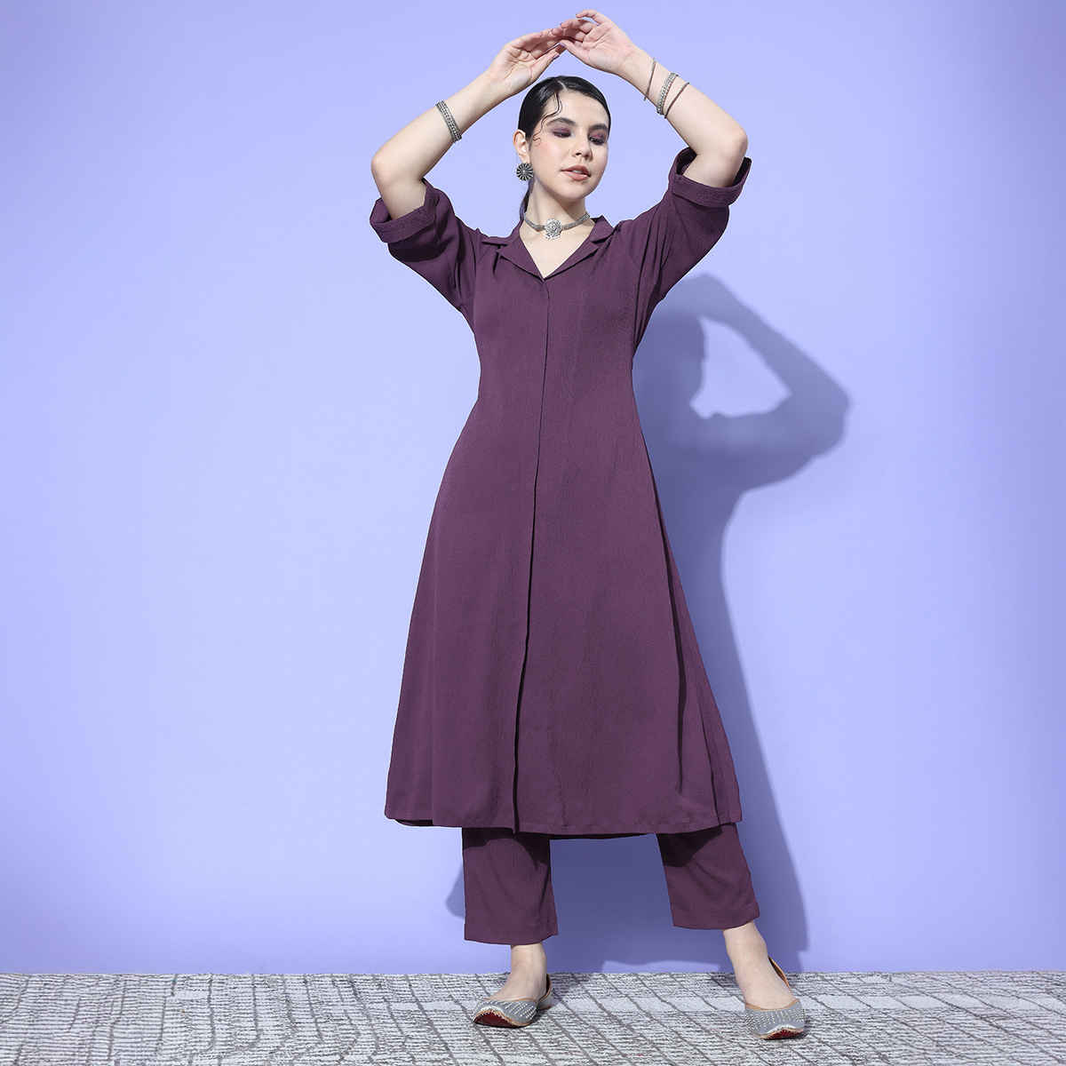 Varanga Women's Mauve Shirt Collar Neck A-Line Kurta Paired with Tonal Bottom | Mauve - M