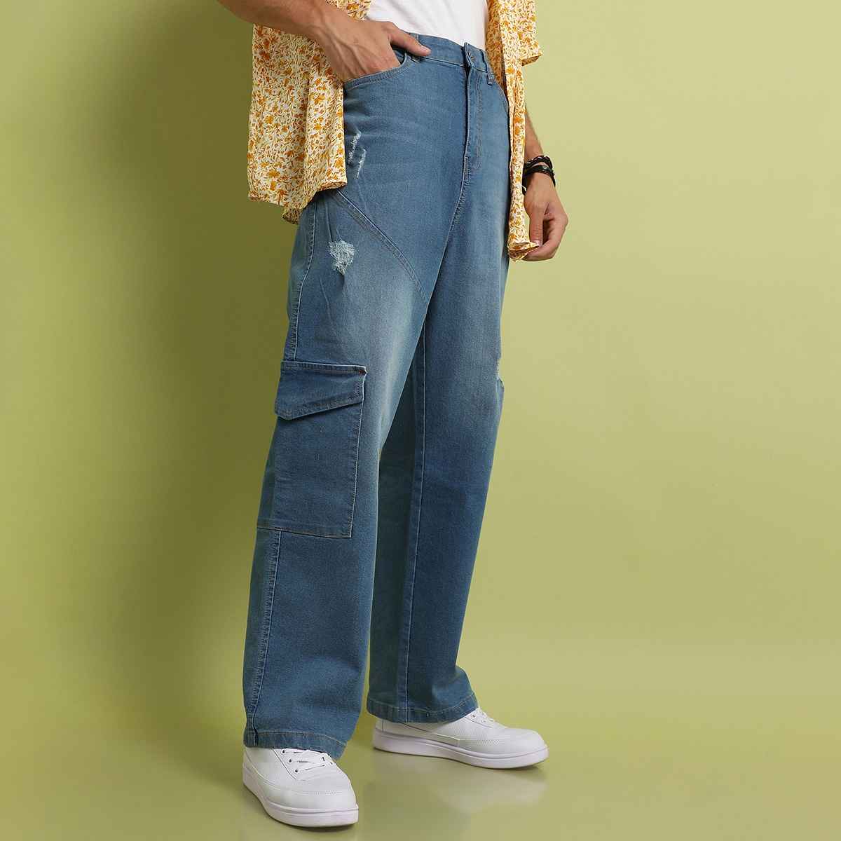 Campus Sutra Men's Asymmetrical Stitch Denim Jeans | Blue - 34