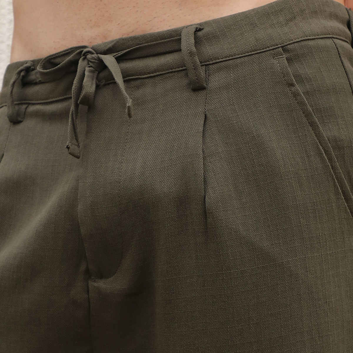 Campus Sutra Men's Tailored Linen-Blend Trousers | Olive Green - 30