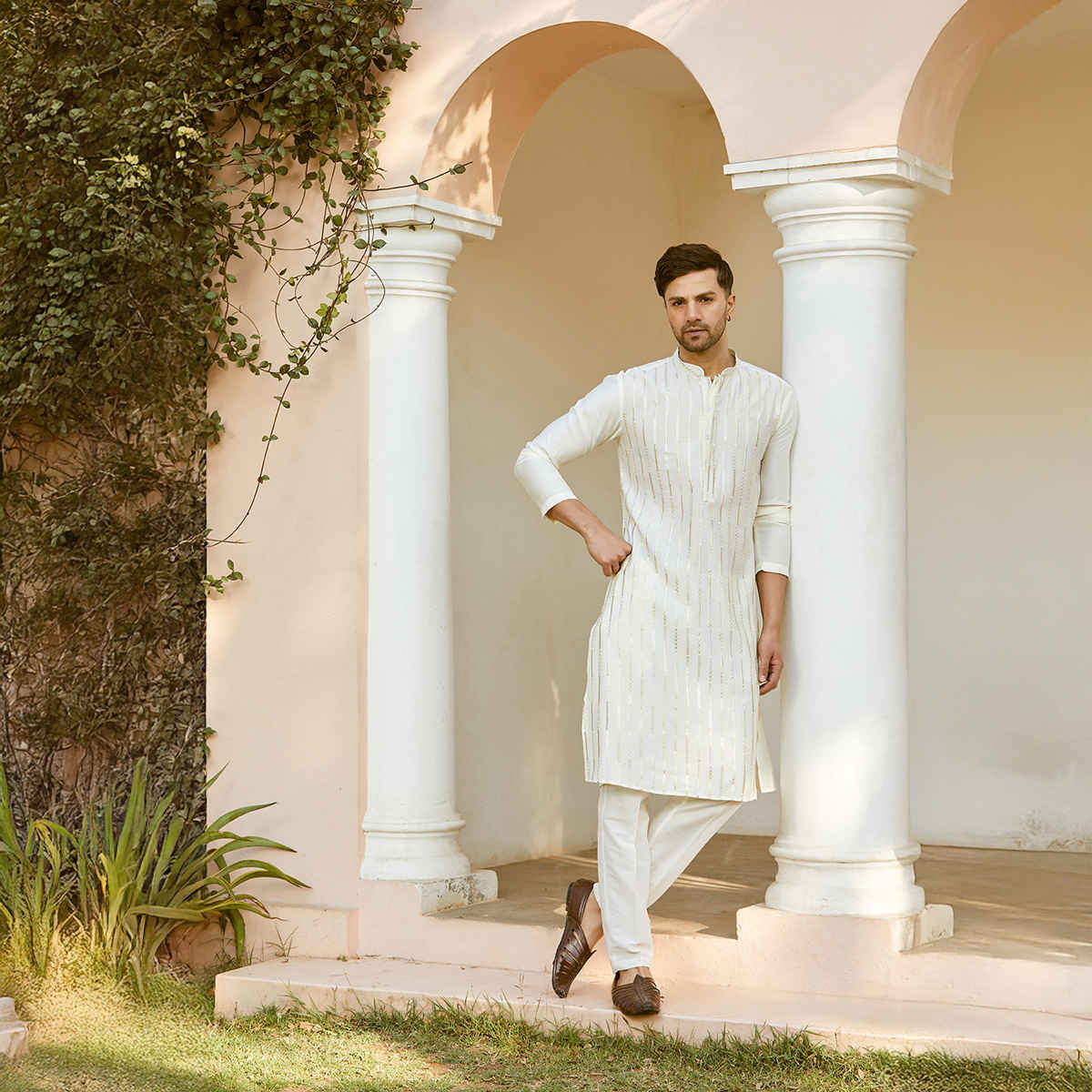 See Designs Men's Chanderi Silk Sequins Kurta | Off White and Gold - S