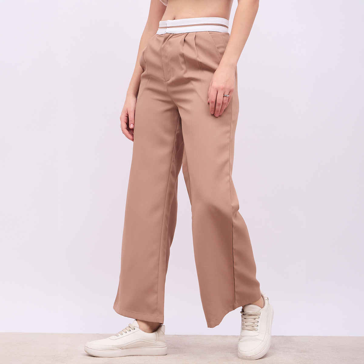 Styli Women's Solid Wide Leg Pant with Cut & Sew Constructive Waistband | Beige - M