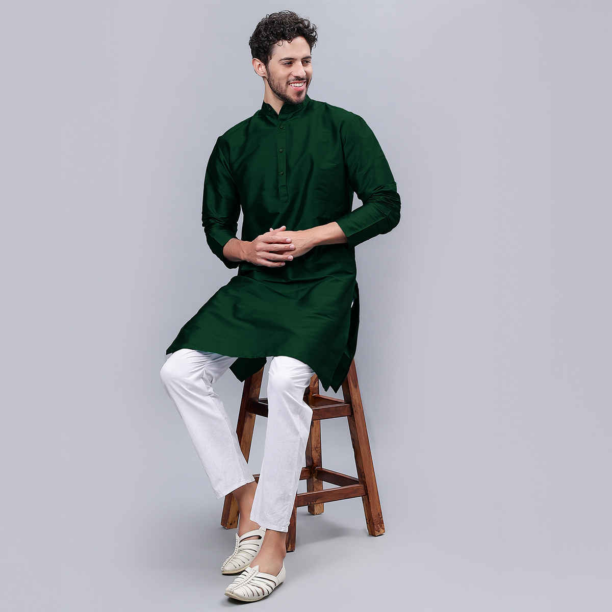 Mad Over Print Men's Silk Blended Kurta | Green - M